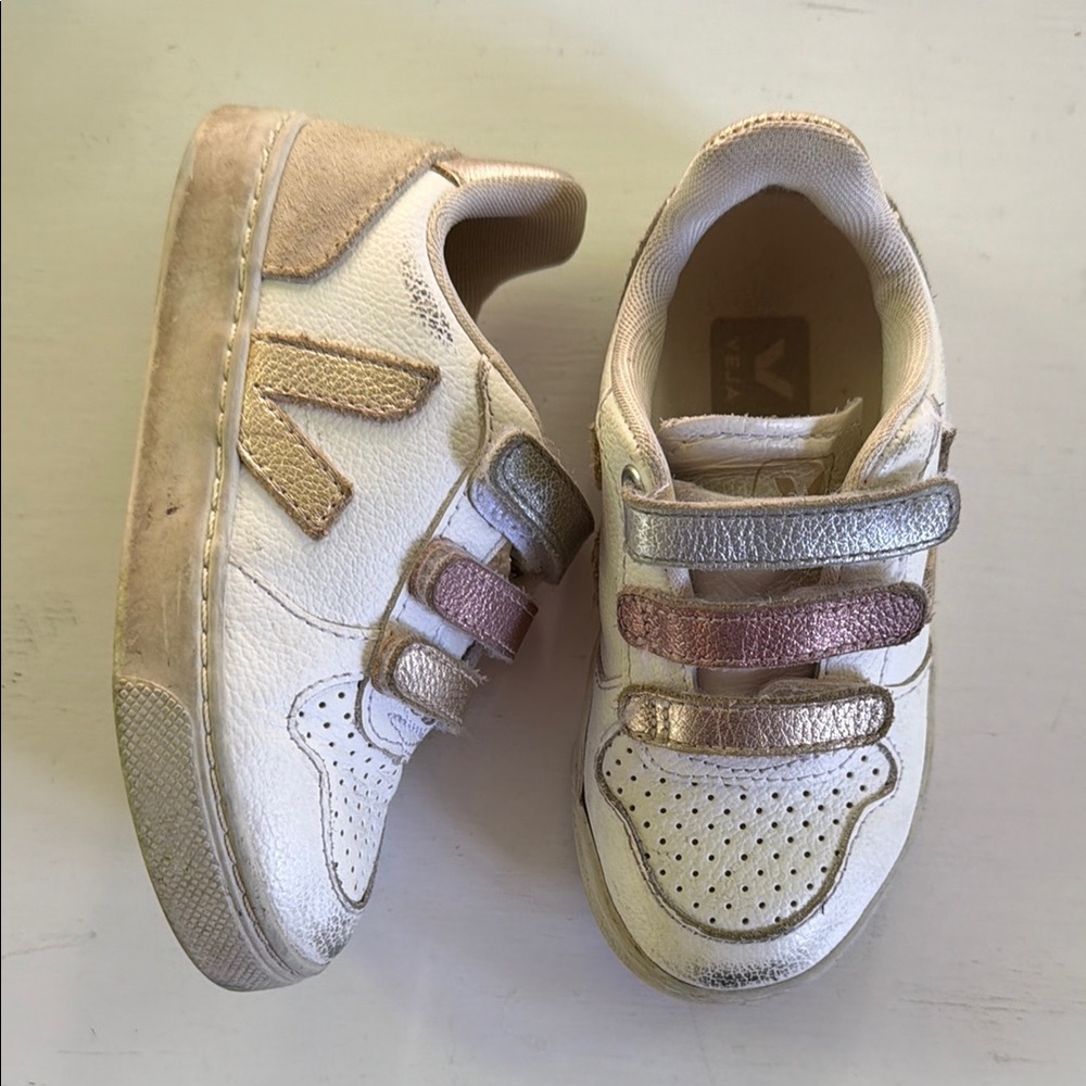 Veja Kids White Leather Sneakers with Metallic Straps